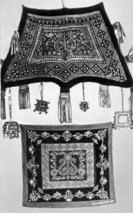  Вышитый чепрак (вверху; середина 19 в.) и вышитый коврик (внизу; 1950-е гг.).