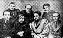 Первый ряд слева направо: К. Седых, Л. Сейфуллина,
М. Лисянский, Г. Горностаев. Второй ряд: И. Луговской,
И. Молчанов-Сибирский, Ю. Левитанский
