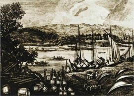 Вид в Иркутске через Ангару на запад с пристанью, гравюра. 1817г.