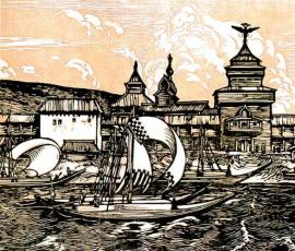 Б. Лебединский. Иркутский кремль. Линогравюра 
