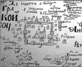Чертеж земли Иркутского города (фрагмент) из "Чертежной книги Сибири" С.Ремезова. 1701 г.