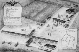 Графическая реконструкция Иркутского адмиралтейства. По материалам Российского государственного архива военно-морского флота. Художник Е. Киселева-Кокоурова